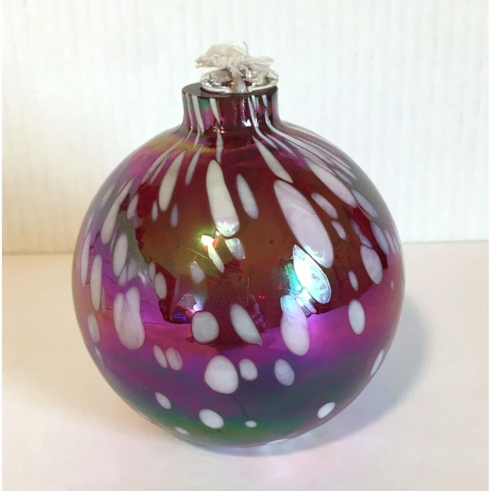 Pottery Barn Glass Oil Lamp Red White Hand Blown Art Glass Unused Iridescent